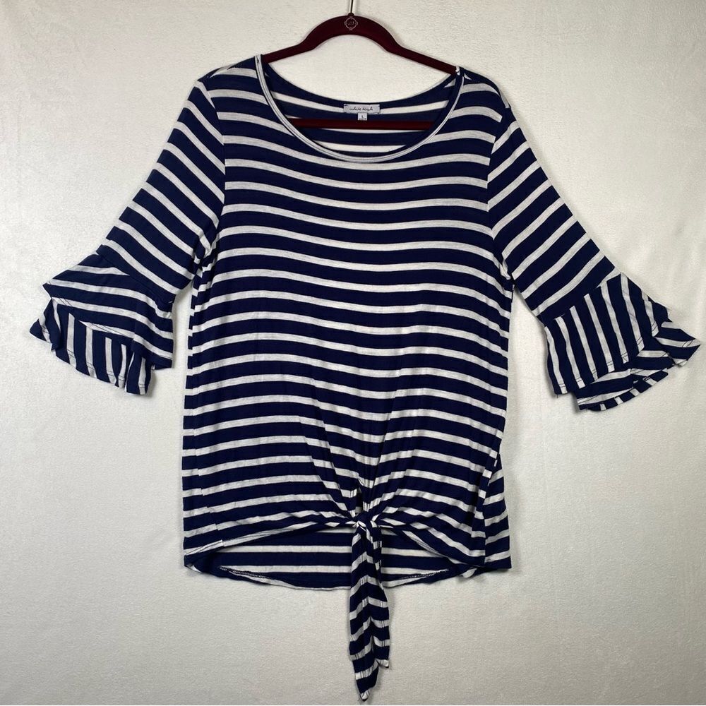 White Birch Blue and White Striped 3/4 Sleeve Bottom Tie Top Size Large